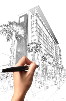 Male Hand drawing building and cityscape as architect plan