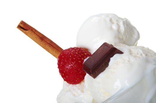ice cream with strawberries and chocolate  in a glass vase. closeup.isolated on white background.
