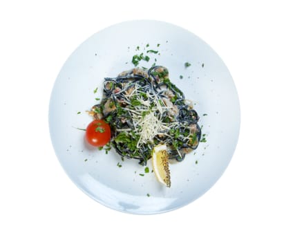 Spaghetti al Nero di Seppia.pasta nera algaes, seafoods,