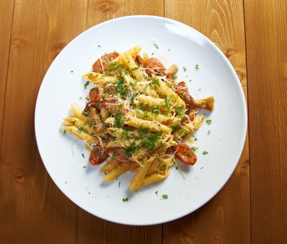  Italian Penne rigate pasta with sausage,perish