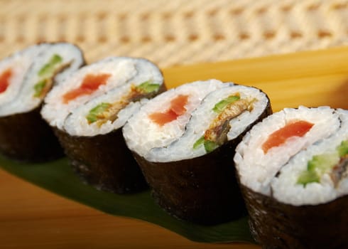 Japanese sushi  traditional japanese food.Roll made of Smoked fish