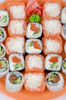 Closeup japanese sushi set at plate on a white