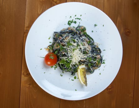 Spaghetti al Nero di Seppia.pasta nera algaes, seafoods,