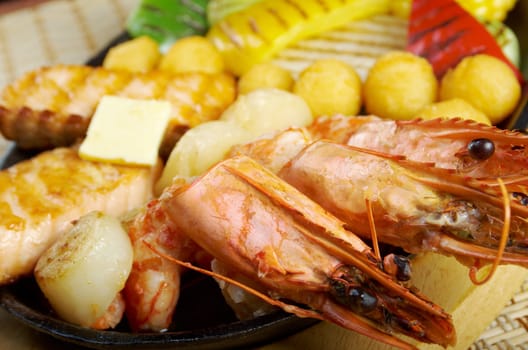 Japanese cuisine .Salmon Steak with royal prawn