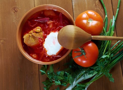 ukrainian and russian red-beet soup (borscht) with garlic and sour cream