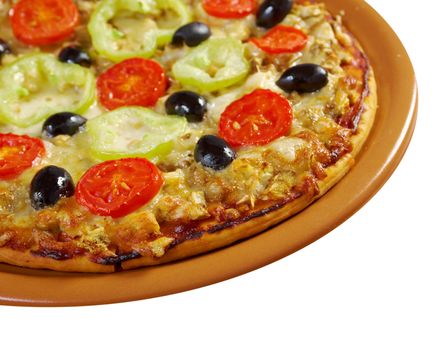 .home pizza with tomato and eggplant  Closeup  isolated on white background.