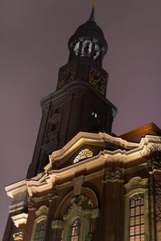 St. Michaelis, commonly known as Michel, main church of Hamburg, Germany at dusk