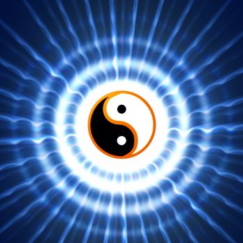 yin and yang symbol with blue rays