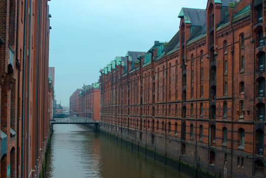 Famous old Speicherstadt in Hamburg, Germany - buildings with red bricks