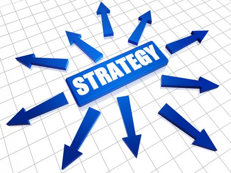 Blue Strategy 3d box with arrows over white