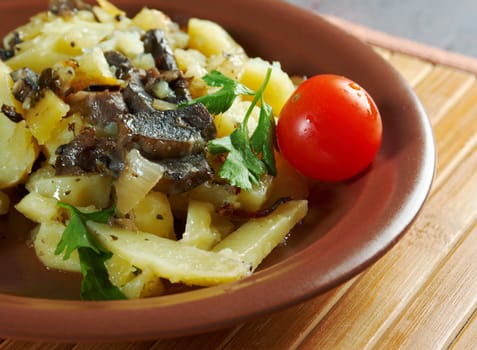 mushrooms with roasted potato closeup