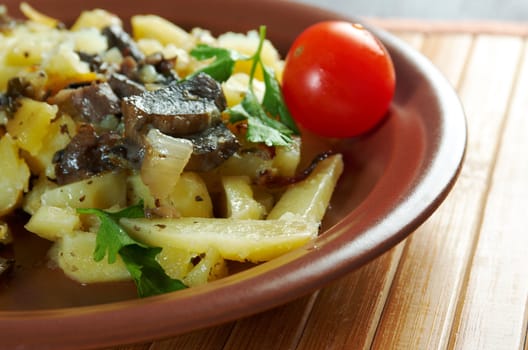 mushrooms with roasted potato closeup
