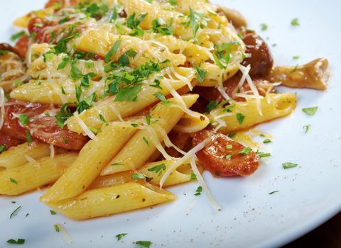  Italian Penne rigate pasta with sausage,perish