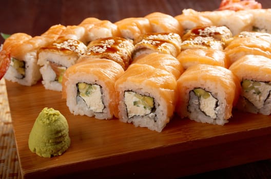 Japanese sushi  traditional japanese food.Roll made of salmon