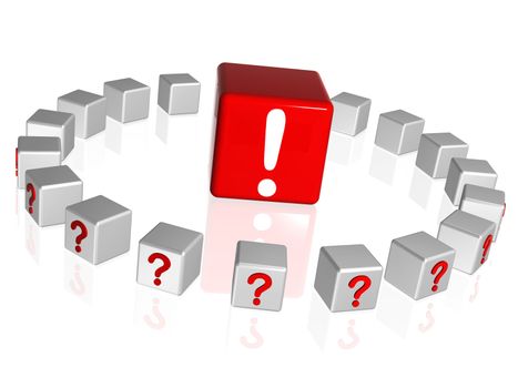 3d white and red boxes with question and attention sign 