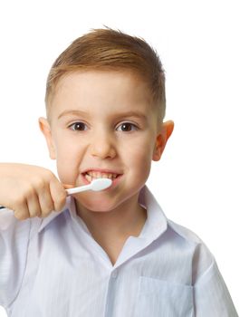 Little child with dental toothbrush brushing teeth.isolated on a white background.