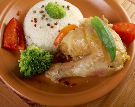 Rice and chicken  and vegetables.сloseup