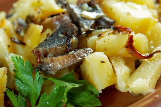 mushrooms with roasted potato closeup
