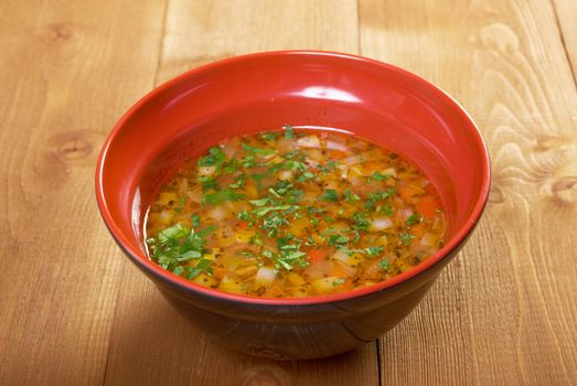 Closeup of bowl of hot fresh Minestrone soup