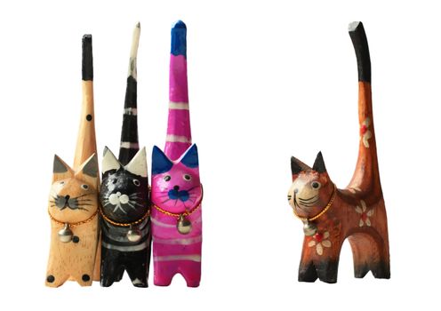 group of colourful wooden cats
