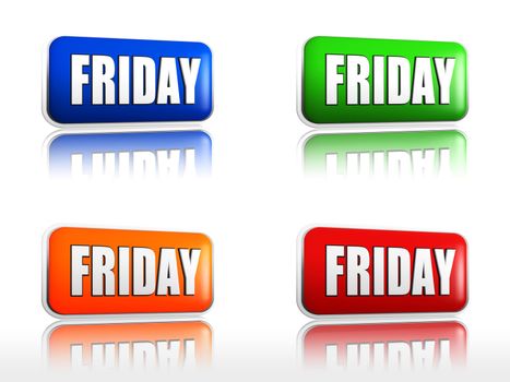 Friday Four color buttons with sign red, blue, orange, green
