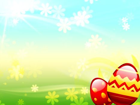 easter background whit red eggs and flowers