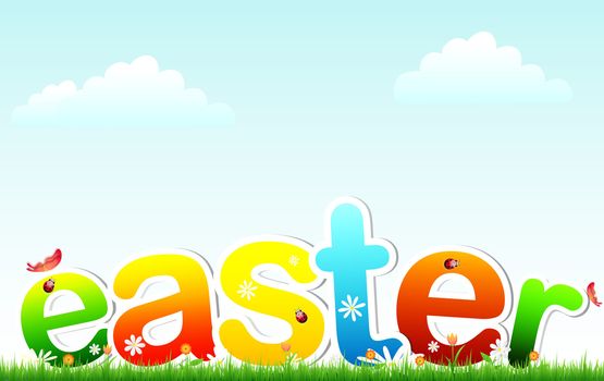 Easter- text on grass and flowers with sky