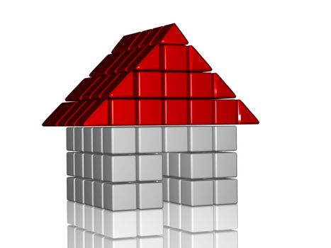 3d white and red boxes forming house