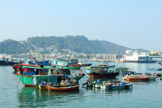 Cheung Chau sea view in Hong Kong, with fishing boats as background.