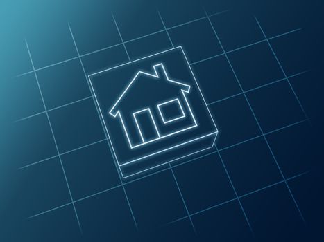 Sketch 3d house icon from white lines over blue
