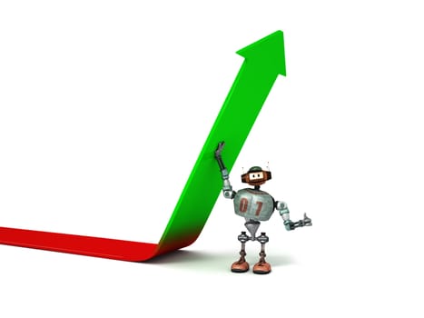 Large view of Djoby the robot helping an arrow to go up with a white background