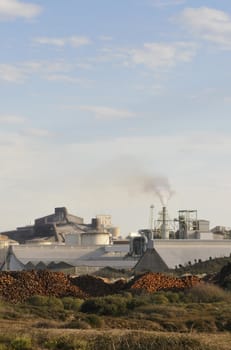 Industrial site in dunes with a blue sky