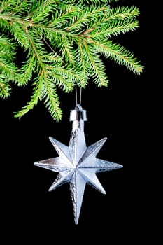 silver star on black background,Christmas bauble.,Christmas tree ornaments,