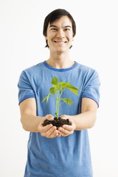 Asian man standing holding growing cayenne plant.