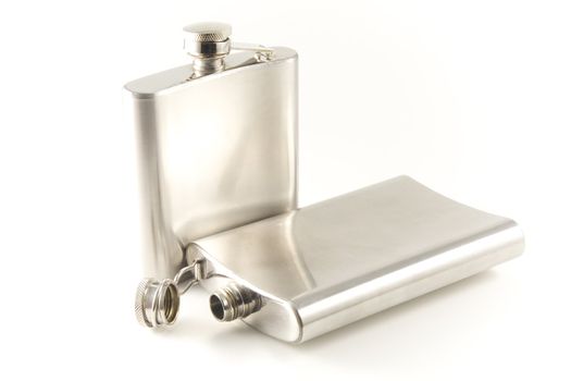 Flask for cognac and whisky from stainless steel  on white background