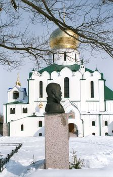 Russian tzar Nikolay II monument and Theodor Cathedral in cold winter day
