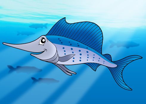Sailfish in sea - color illustration.