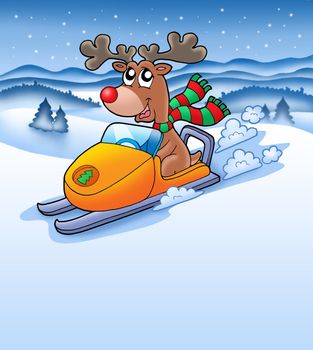 Christmas reindeer in snowy landscape - color illustration.