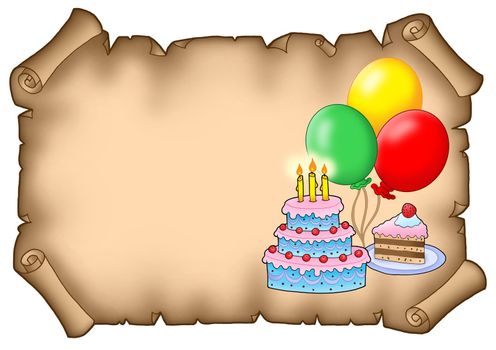 Parchment party invitation with cakes - color illustration.