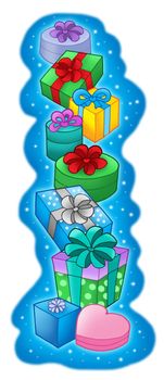 Pile of Christmas gifts on blue background -color illustration.