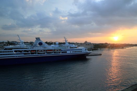 Cruise Ship at sunset in the Bahamas