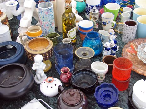 Glass and ceramics items in flea market