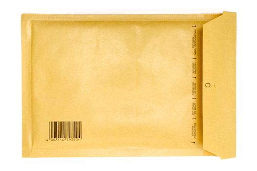 Back view of a brown air-cushioned envelope. Isolated on a white background.