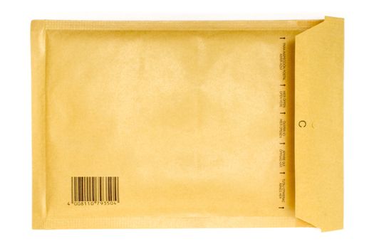 Back view of a brown air-cushioned envelope. Isolated on a white background.