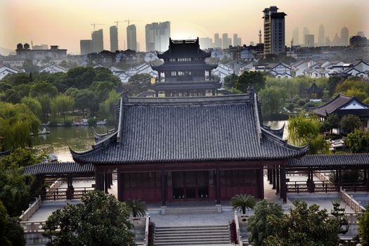 Hall of Four Auspicous Merits and Hall of Attractive Scenery Pan Men Scenic Ares Ancient Chinese Pagoda Suzhou, Jiangsu, China