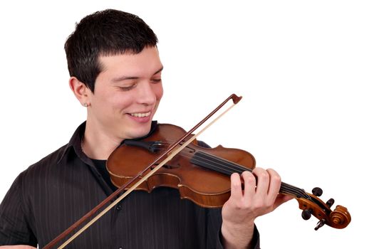 young man play violin on white 