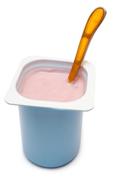 Plastic yogurt pot with a spoon isolated on a white background.