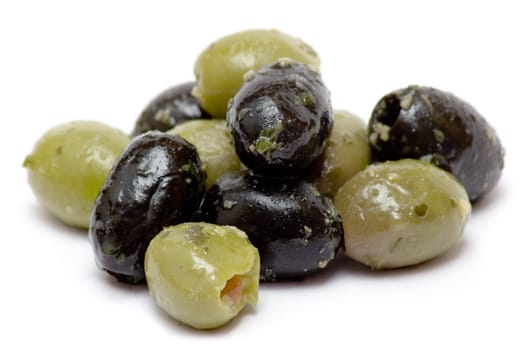 Bunch of oily olives isolated on a white background.