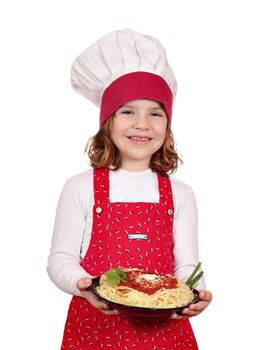 happy little girl cook with spaghetti on white 