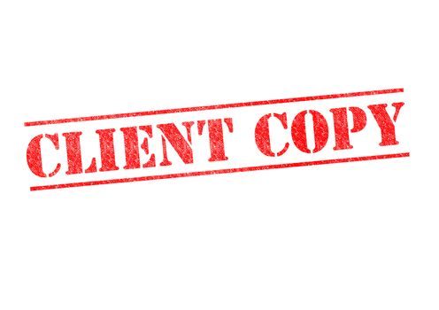 CLIENT COPY rubber stamp over a white background.